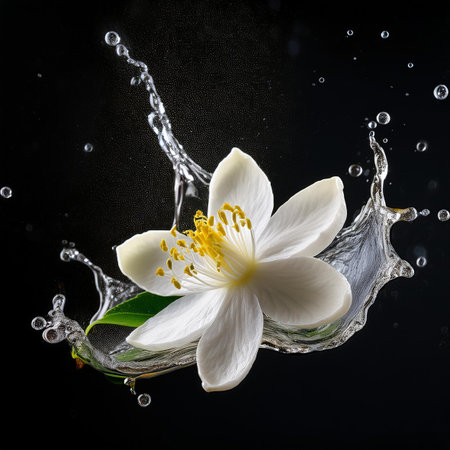 White jasmine flower in water splash, isolated on black backgroundの素材