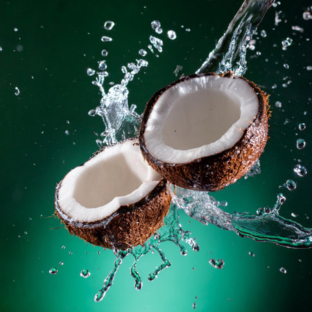 Coconut with water splash on green background. Exotic fruitの素材
