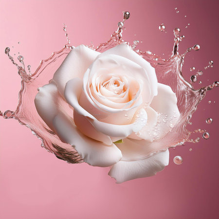 White rose with water splash isolated on pink background. 3d illustrationの素材