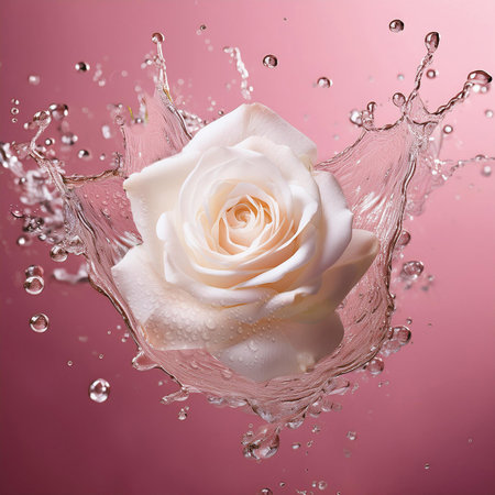 White rose with water splash on pink background. Shallow depth of fieldの素材