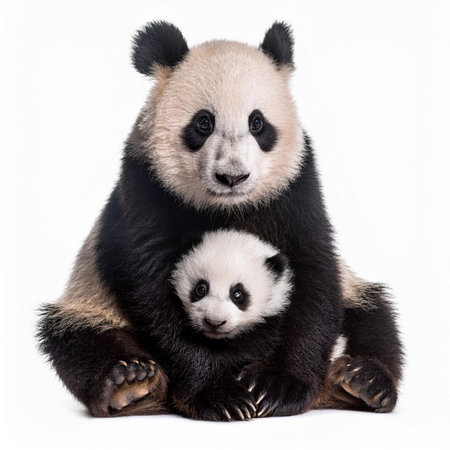 Panda mother with her baby in front of white background, studio shotの素材