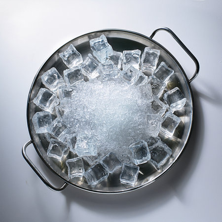 ice cubes in a metal bowl on a white background, top viewの素材