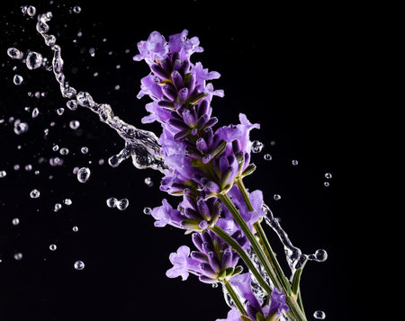 Lavender flowers with water splash, isolated on black background.の素材