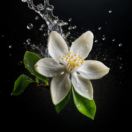 Jasmine flower falling into water with splash on black background.の素材