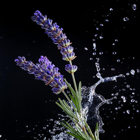Lavender flowers in water splash, isolated on black background.の素材