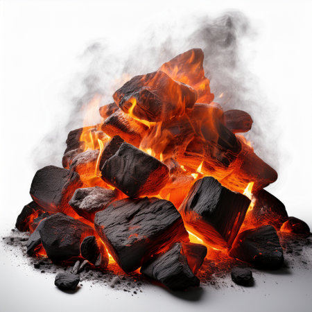 Coals burning in a bonfire, isolated on a white backgroundの素材