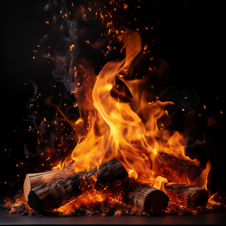 Burning firewood on black background with copy space for your textの素材
