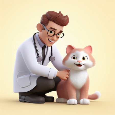 3D illustration of a cartoon character as a veterinarian with a catの素材