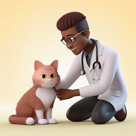 African-american veterinarian with a cat. 3D illustration.の素材