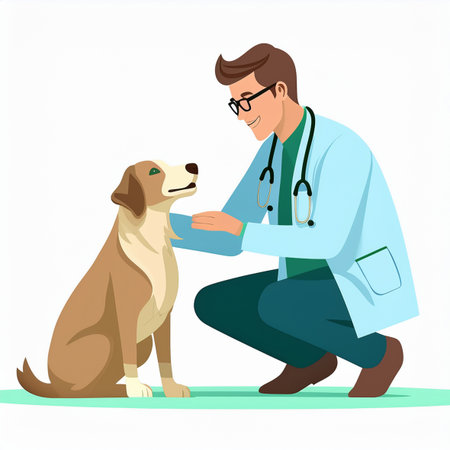 Veterinarian with a dog. Vector illustration in cartoon style.の素材