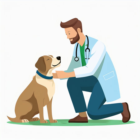 Veterinarian with a dog. Vector illustration in cartoon style.の素材