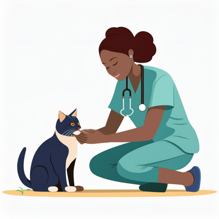 Veterinarian with a cat on a white background. Vector illustrationの素材
