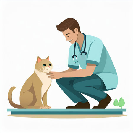 Veterinarian and cat. Vector illustration isolated on white background.の素材