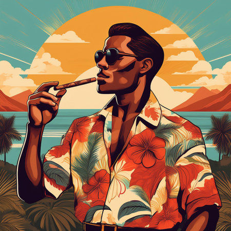 Man smoking a cigar on the beach. Vector illustration in retro style.の素材