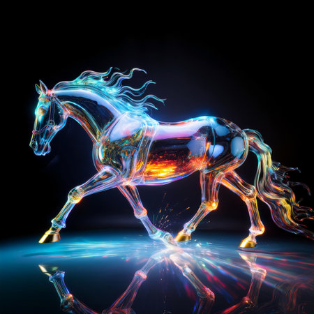 Horse with abstract light on black background. 3D illustration.の素材
