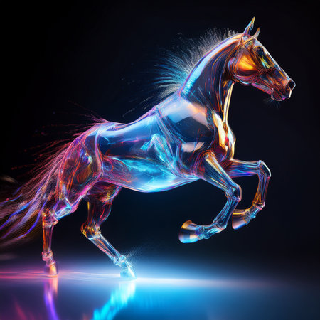 3d rendering of a fantasy horse isolated on black background with particlesの素材