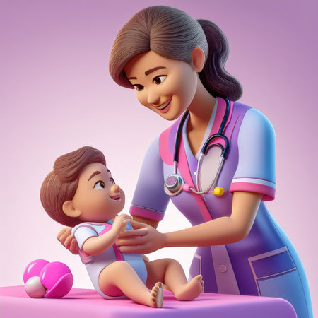 Pediatrician examining a child with stethoscope, 3d illustrationの素材