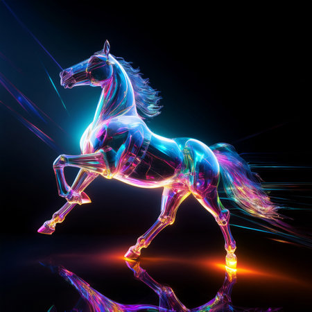 3d rendering of a horse with a neon effect on a black backgroundの素材