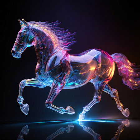 3D rendering of a horse with a glowing mane on a black backgroundの素材