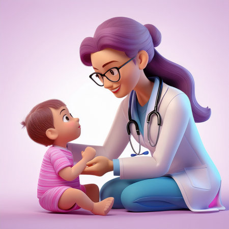 Pediatrician with a little girl. 3D rendering. Realistic illustration.の素材