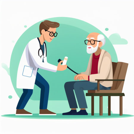 Doctor and patient. Vector illustration in flat style. Doctor measures blood pressure of old man.の素材