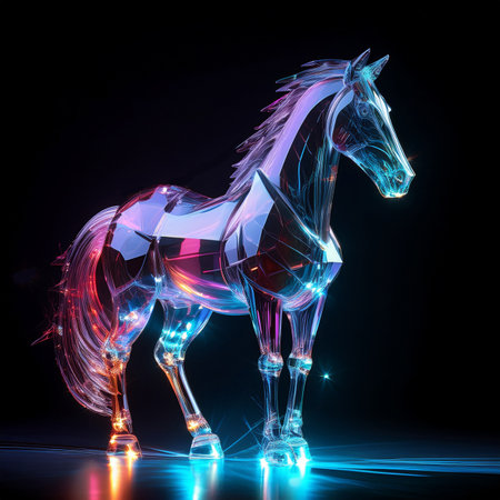 3D rendering of a horse with a holographic effect on a black backgroundの素材