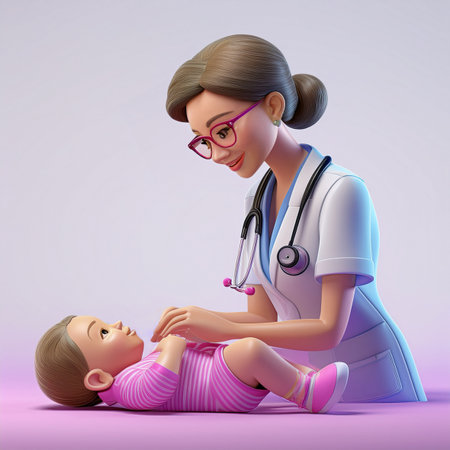 Doctor examining a little girl with a stethoscope, 3d illustrationの素材