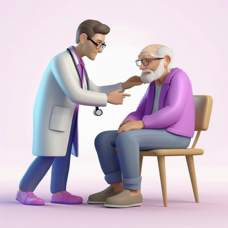 Doctor examining an old man with a stethoscope. 3D renderingの素材