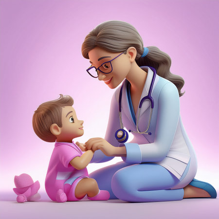 Doctor examining a little girl with stethoscope, 3d illustrationの素材