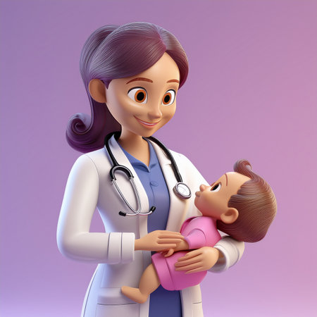 3D illustration of a female doctor with a baby in her armsの素材