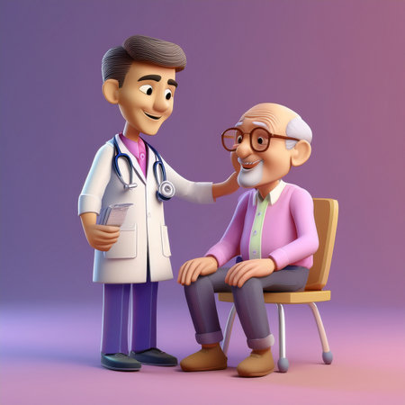 3D illustration of an old man and a young doctor on a purple backgroundの素材