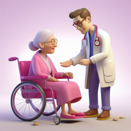 The doctor takes care of the elderly. 3d render illustration.の素材