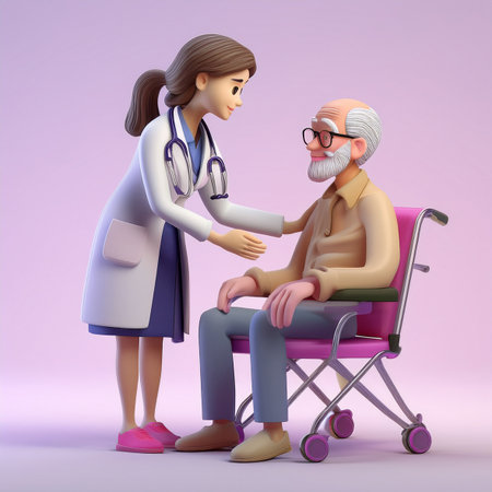 Doctor taking care of an elderly woman. 3D render illustration.の素材