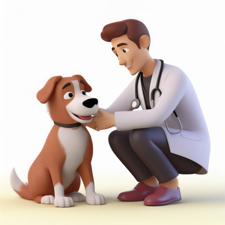 3d illustration of a doctor with a dog on a white backgroundの素材