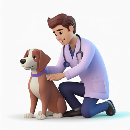 Veterinarian with a dog on a white background. Vector illustration.の素材