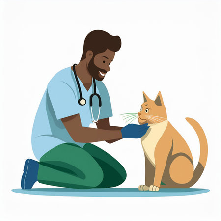 Veterinarian examining a cat. Vector illustration in cartoon style.の素材