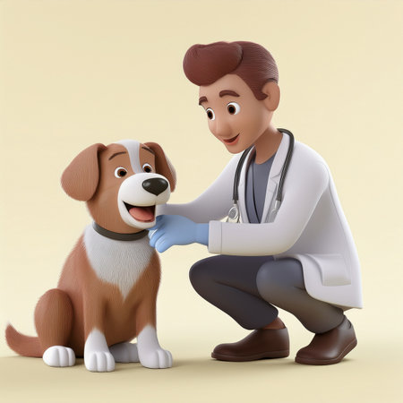 3d illustration of a male vet giving a dog a check upの素材