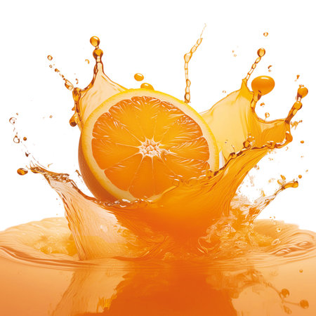 Orange juice splash isolated on white background. 3d rendering, 3d illustration.の素材