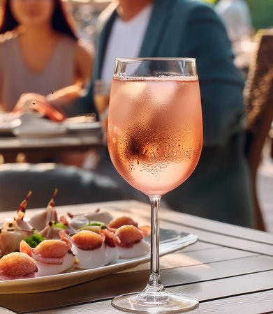 Glass of rose wine and appetizers on the table in a restaurantの素材