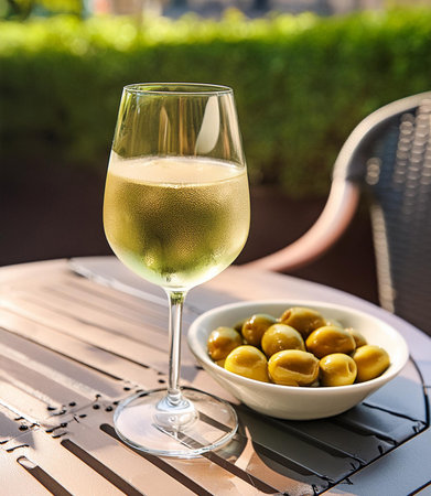 Glass of white wine with olives on the table in the gardenの素材