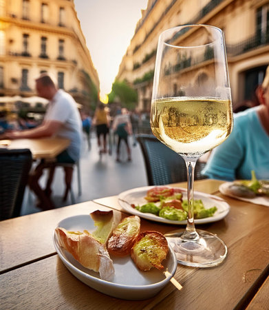 Glass of white wine on the terrace of restaurant in Paris, Franceの素材