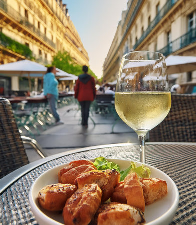 A glass of white wine and appetizers in Paris, France.の素材
