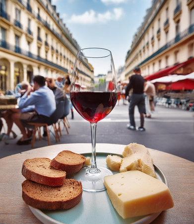 Glass of red wine with bread and cheese in Paris, France.の素材