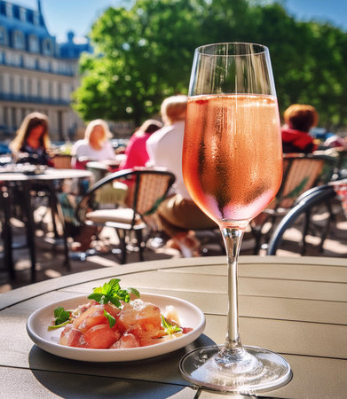 A glass of rose wine on the terrace in Paris, Franceの素材
