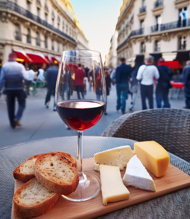 Glass of red wine and cheese on a table in Paris, Franceの素材