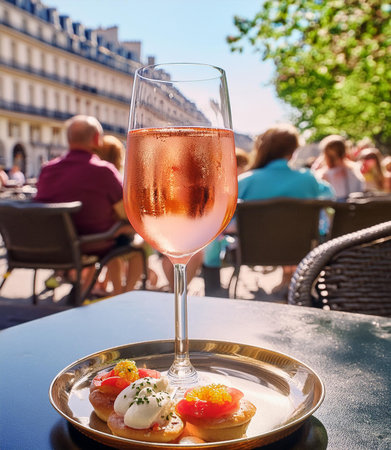 A glass of rose wine on a table in Paris, France.の素材