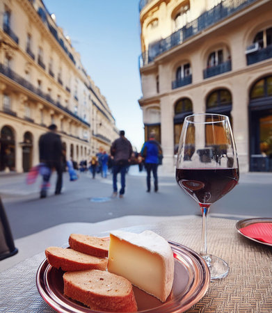 Glass of red wine and cheese on the table in Paris, Franceの素材