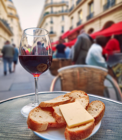 Glass of red wine and cheese on a table in Paris, Franceの素材