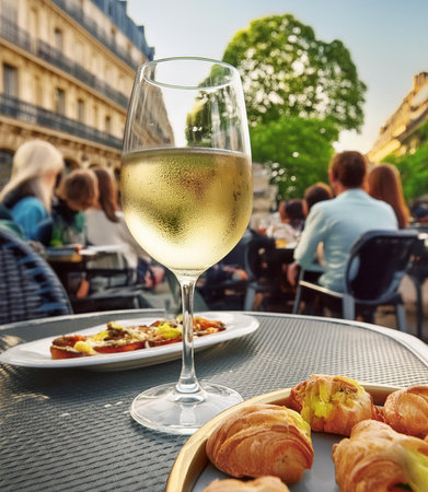 A glass of white wine and croissants in Paris, Franceの素材