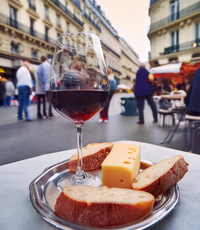 A glass of red wine and slices of bread on the table in Paris, Franceの素材